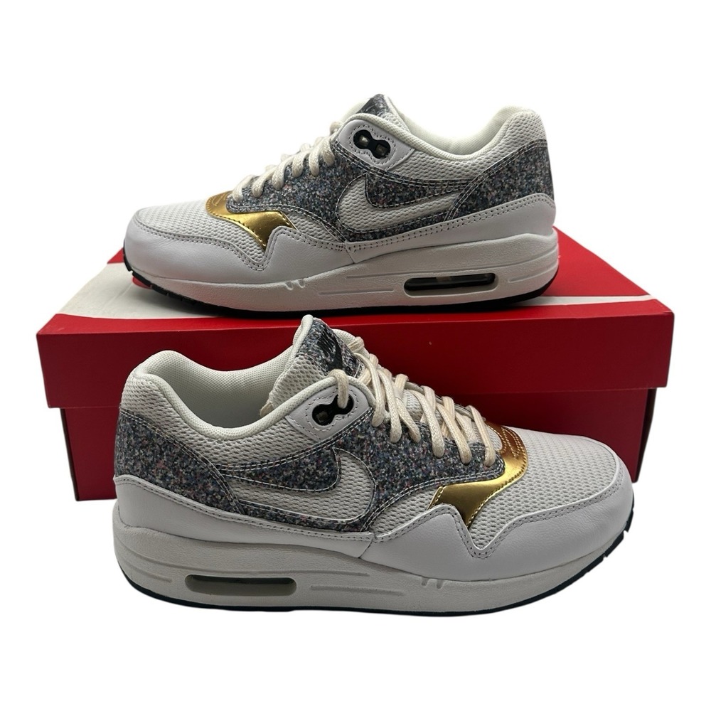 Nike Air Max 1 SE Shoes Womens 7 White/Gold Running Training Sneakers 881101-100